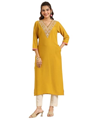 Libas WomenS Silk Blend Yoke Design Straight Kurta (29704R_Mustard