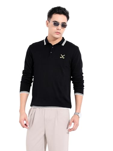 The Indian Garage Co Mens Slim Fit Textured Long Sleeves Neck Flat Knit Polo T-Shirt