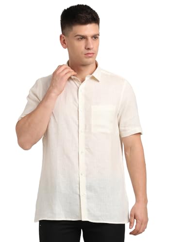 Turtle Men Regular Fit Solid White Pure Linen Formal Shirt