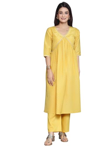 Libas Womens Woven Design Silk Blend A-Line Kurta With Trousers