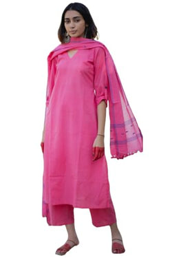 GoSriKi Womens Rayon Blend Solid Straight Kurta with Pant & Dupatta (JANEU Pink-GS_S_Pink_Small)