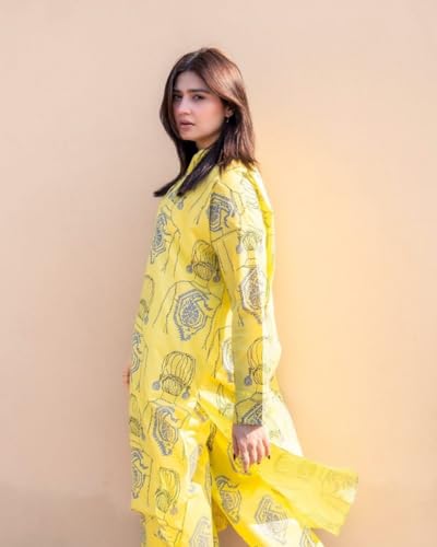 ANNI DESIGNER Womens Rayon Viscose Straight Printed Kurta with Palazzo (Canva Yellow_M_Yellow_Medium)