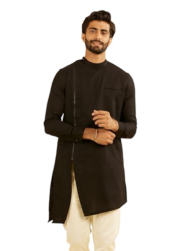 Manyavar MenS Cotton Asymmetric Mid Length Kurta(Black,Xxl)