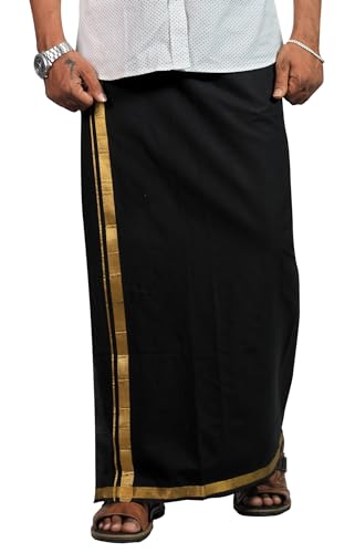 Prakasam Cotton Mens Black Colour Jari Cotton Flexi Size Welcro Pocket Dhoti