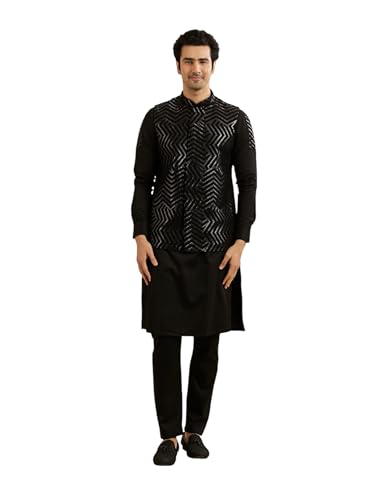 Manyavar MenS Rayon Blend Chevron Design Kurta Jacket Set (Black,S)