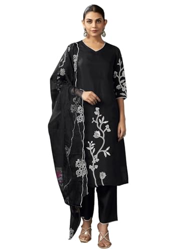 Sanisa Women'S Silk Blend Embroidery And Mirror Work Straight Kurta With Pant And Dupatta Set (187Kbd1994N-M_Black)