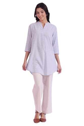 Aurelia Women'S Blue Yarn Dyed Cotton Blend Straight Kurti (Size: L)-A30510-705488