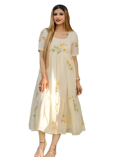 Kasibaa Floral Print Empire Waist Midi Pure Cotton Dress, Short Sleeve, Cream White With Yellow Accents (In, Alpha, 2Xl, Cream)