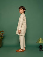 VASTRAMAY Boys Embroidered Kurta Pant Set with Gold-Trimmed Placket and Loafers Festive & Ethnic Wear