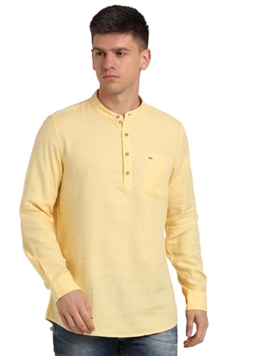 Turtle Men 100% Cotton Yellow Solid Slim Fit Casual Kurta Shirt