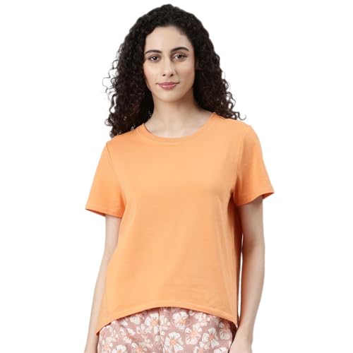 Enamor Womens Solid Relaxed Fit T-Shirt (E305_Tangerine XL)