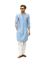 See Designs Men Full Sleeve Turquoise Blue Chanderi Silk Sequins Cotton Mandarin Collar Side Slit Kurta With Pyjama - Sd2Mkt_144