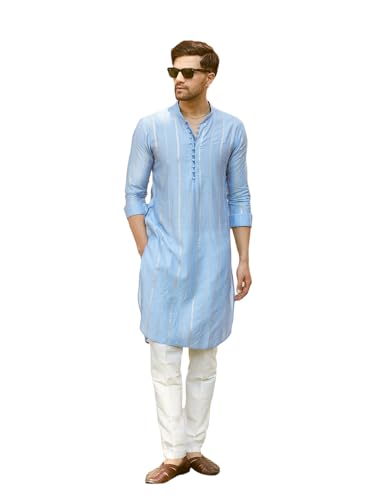 See Designs Men Full Sleeve Turquoise Blue Chanderi Silk Sequins Cotton Mandarin Collar Side Slit Kurta With Pyjama - Sdmkt14440