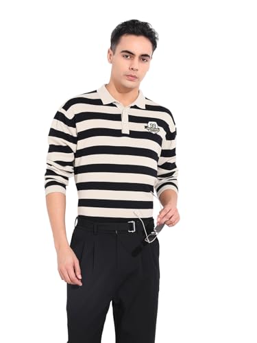 The Indian Garage Co Mens Oversized Fit Striped Long Sleeves Neck Flat Knit Sweater