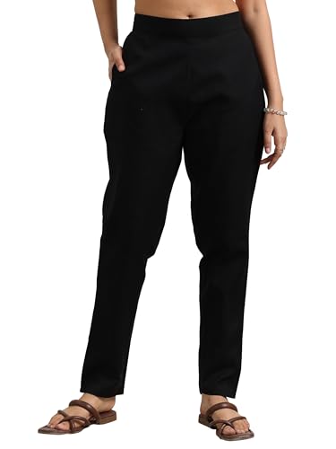 Libas Black Solid Cotton Trouses For Women