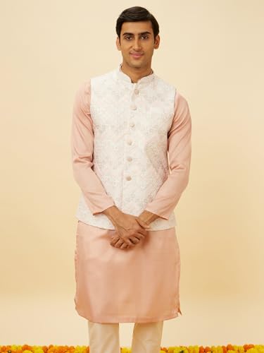 Manyavar Mens White Art Silk Jacket