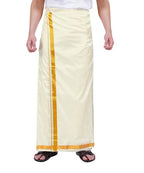 Prakasam Cotton Mens Blended Silk Type Jari Dhoti/Double Dhoti 1.28 X 3.60 Meter / 8 Mulam Vesti (Cream-3In-004)
