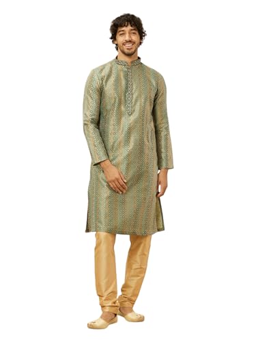 Manyavar Mens Blue Blended Cotton Self Design Kurta Pyjama Set