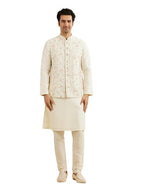 Manyavar MenS Art Silk Floral Embroidery Kurta Jacket Set (Cream,S)