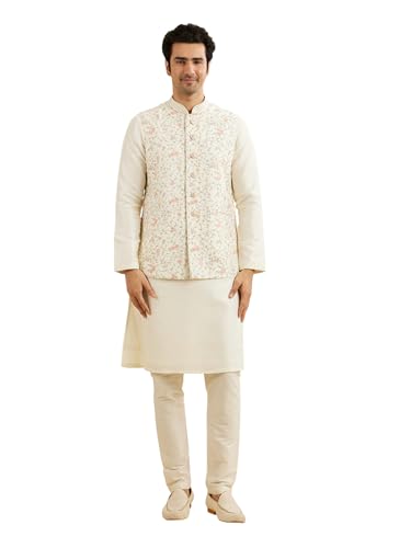 Manyavar MenS Art Silk Floral Embroidery Kurta Jacket Set (Cream,S)