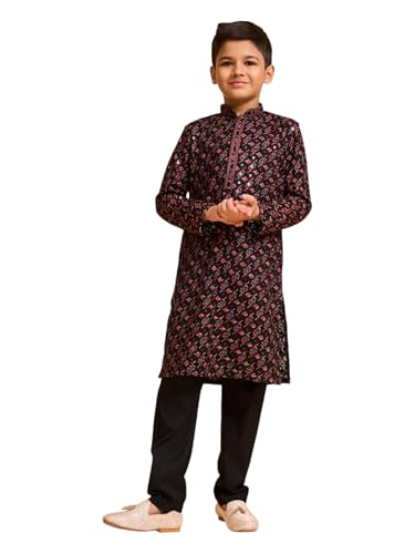 Manyavar Boys Viscose Thread Embroidery & Sequins Festive Kurta Pyjama Set (Black,3-4Y)