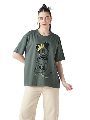 Bewakoof Official Disney Merchandise Mickey Womens Graphic Printed Oversized Fit Half Sleeve Round Neck Cotton Jersey T-Shirt_6