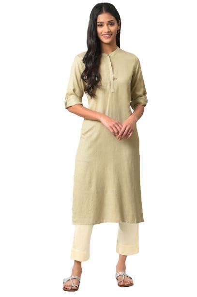 Aurelia Womens Beige Solid Rayon Straight Kurta and Trouser Set (Size: XS)-ONVAS11444-214853
