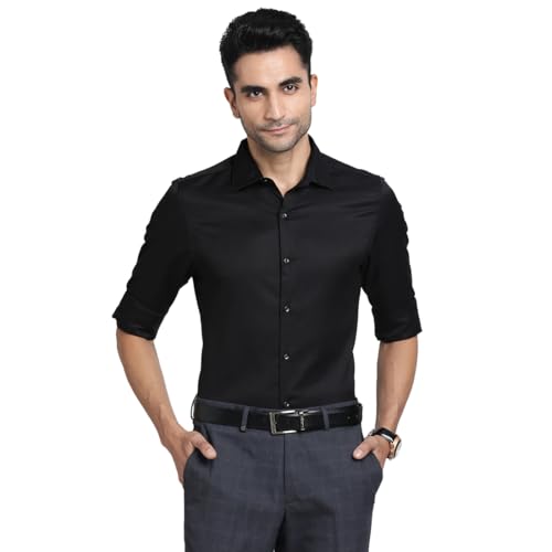 Turtle Men Poly Cotton Slim Fit Black Self Design Party Shirt