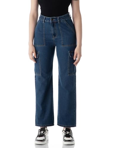 INKD Womens Elasticated Waistband Jeans with Cargo Pockets - High-Rise | 6 Pocket Styling (INKSS24WJN-403-Inkwell Indigo-34)
