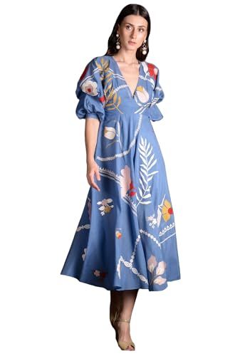 Anni Designer WomenS Rayon Printed Long Gown With Puff Or Flared Sleeves Maxi Dress (Saubali Blue-Vks01_Xxl_Blue_Xx-Large)