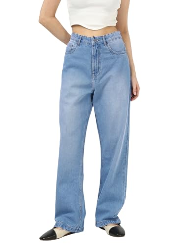 Bewakoof WomenS Washed Straight Fit Pure Cotton Baggy Jeans_662201_Blue_32