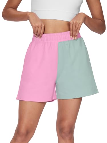 The Souled Store Solids: Pink, Green Colourblock Women and Girls Black Graphic Printed Pull On Cotton Shorts