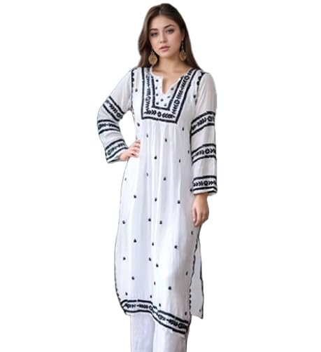 ANNI DESIGNER Short embroidered straight Chikankari rayon viscose woman, white, Small