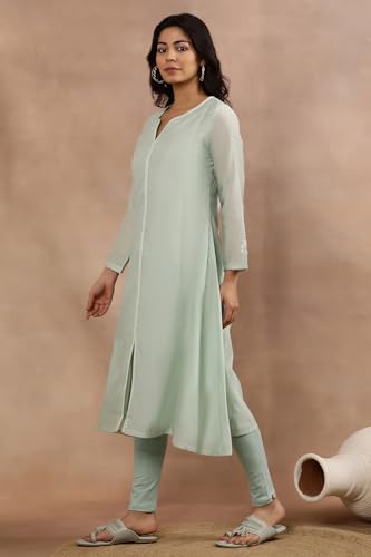W For Woman W Women Green Festive Solid Viscose Kurta Set With Tight & Dupatta