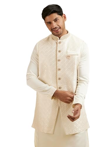 Manyavar MenS Art Silk Hand Embroidered Jacket Set (Cream,L)