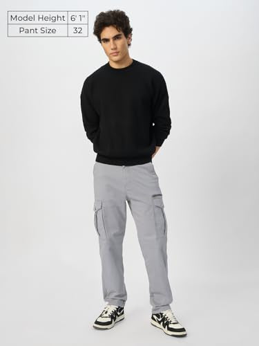 The Souled Store Solids: Stone Grey Men and Boys Straight Fit Cargo Pants Solid Pants