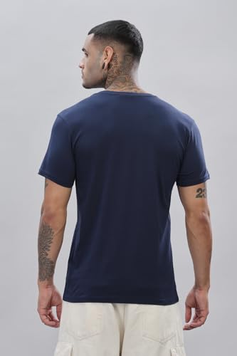ADRO Mens V Neck Solid Cotton T-Shirt (VN-M-PLN-NB_Navy_2XL)