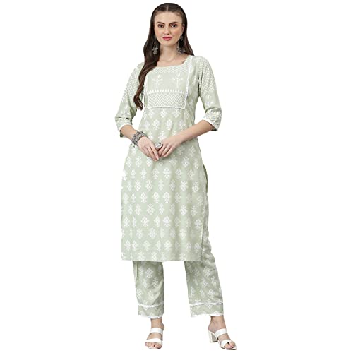 Stylum Women'S Floral Print Rayon Kurta Pant Set (Kpshellmint42_Mint Green, Xl)