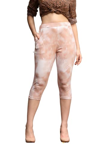 OM SAI LATEST CREATION Womens Tie-Dye Calf Length Capri Cropped Leggings Cotton Lycra Fabric Slim Fit 3/4th | Pants (Grey_L) (S