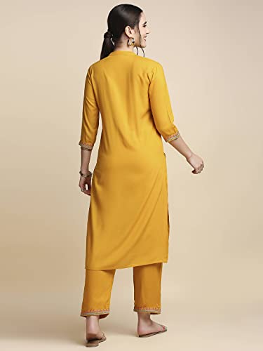 Anubhutee Mustard Floral Embroidered Kurta Pants Suit Set For Women