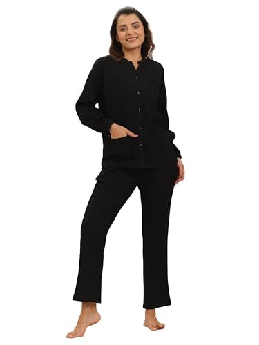 Libas Womens Solid Cotton Blend Night Suit Set For Women Black