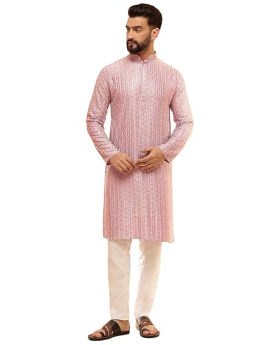 Sojanya (Since 1958 MenS Cotton Rayon Shiny Thread Sequinned Pink Kurta With White Pyjama