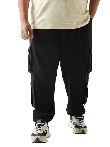 Bewakoof Air 1.0 Mens Solid Super Loose Fit Poly Cotton Plus Size Cargo Joggers_646433_Black_3XL