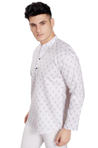 Divisive MenS Pure Cotton Relaxed Fit Printed Short Kurta (Dkrt445_Xl_White)
