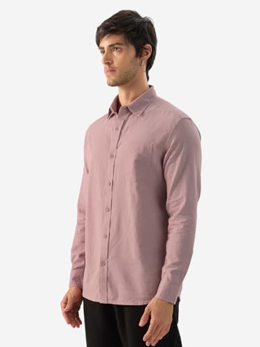The Souled Store Soft Pink Men And Boys Collared Neck Long Sleeve Button Front Solid Regular Fit Cotton Linen Shirts