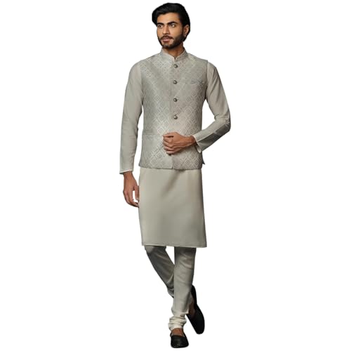 Kisah MenS Silver And Cream Kurta Jacket Churidar Set Cotton Blend, Woven Design, Full Sleeves, Straight, Regular Fit, Mandarin