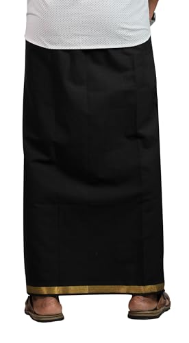 Prakasam Cotton Mens Black Colour Jari Cotton Flexi Size Welcro Pocket Dhoti