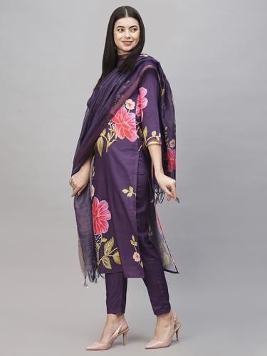ANNI DESIGNER Womens Cotton Blend Straight Printed Kurta with Pant & Dupatta (Kalai Violet_L_Purple_Large)