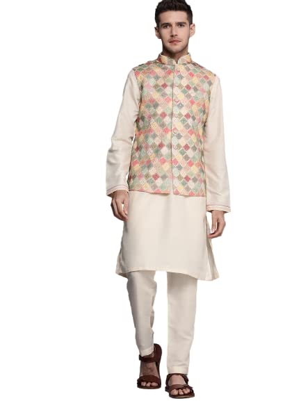 Manyavar Kurta Jacket Set For Men, Full Sleeves Mandarin Collar Ethnic Wear Jacket Set For Festival, Wedding, Party Georgette (B