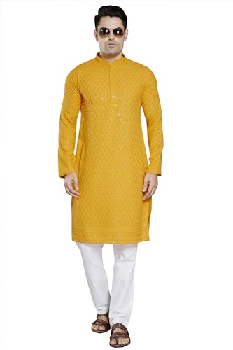 Divisive MenS Sequince Embroidered Cotton Blend Slim Fit Kurta Pyjama Set (Dkrt21_Xl_Gold)